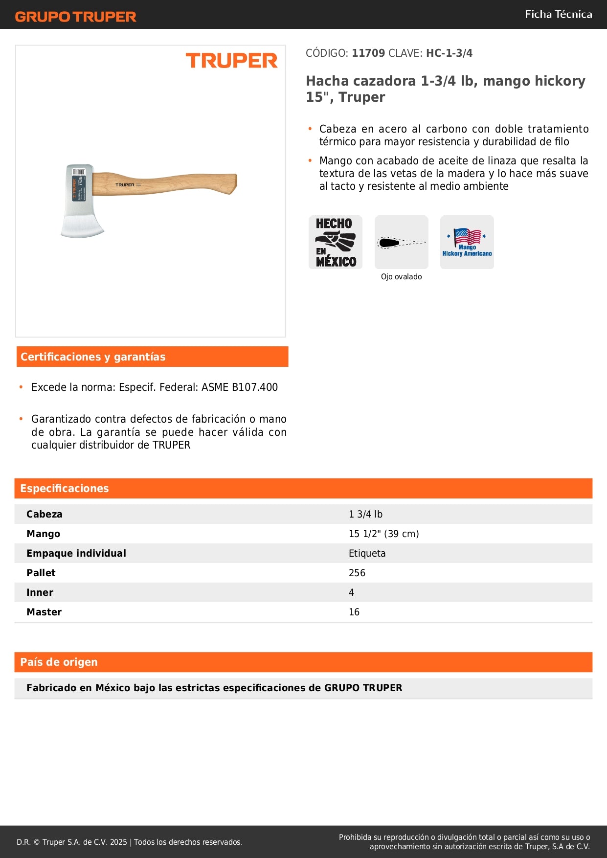 Hacha Cazadora Truper 1-3/4 lb Mango Hickory 15" - Solución Profesional para Corte de Madera HC-1-3/4