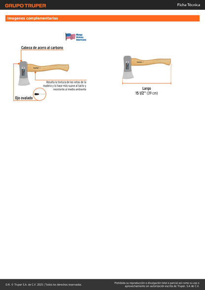 Hacha Cazadora Truper 1-3/4 lb Mango Hickory 15" - Solución Profesional para Corte de Madera HC-1-3/4