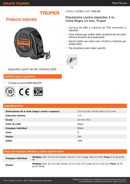 Flexómetro Contra Impactos 3m Truper FCN-3M - Cinta Negra 13mm Resistente con Triple Imán - Solución Profesional para Medición Precisa en Construcción