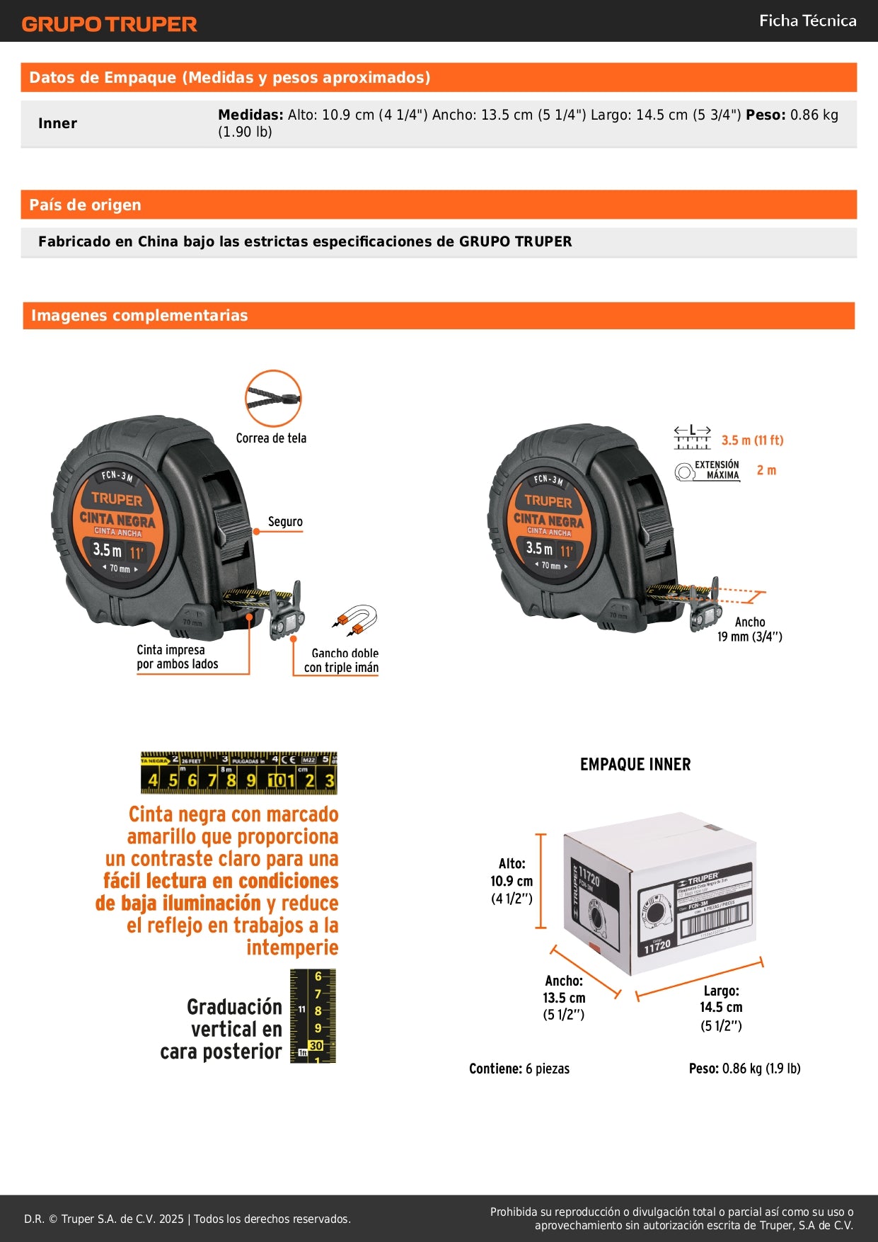 Flexómetro Contra Impactos 3m Truper FCN-3M - Cinta Negra 13mm Resistente con Triple Imán - Solución Profesional para Medición Precisa en Construcción