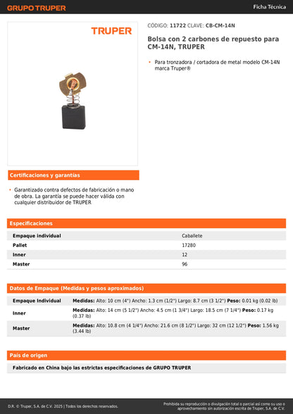 Bolsa con 2 carbones de repuesto para CM-14N, TRUPER