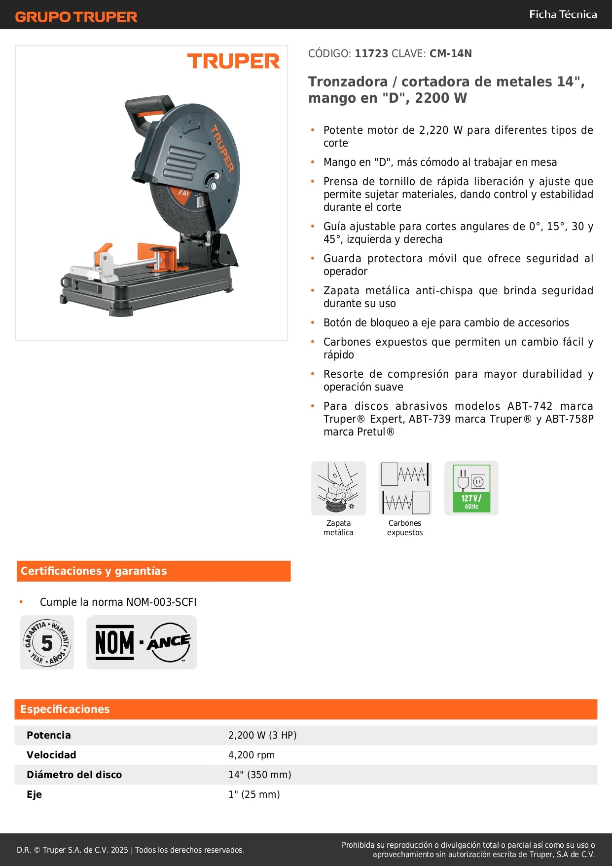 Tronzadora Cortadora de Metales 14 Pulgadas CM-14N 2200W - Cortes Precisos Angulares con Mango en D y Sistema Anti-Chispa TRUPER