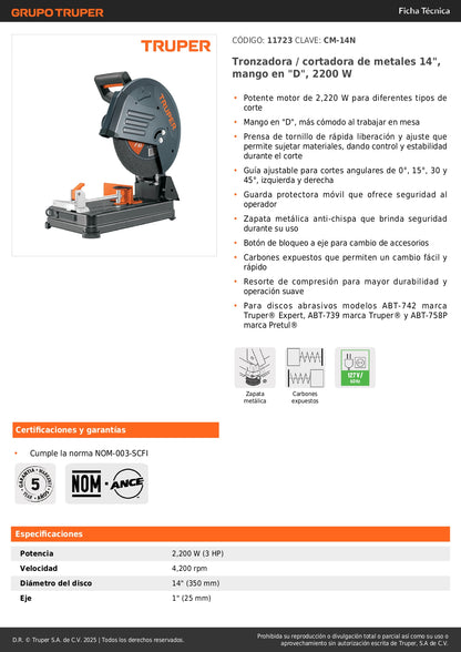 Tronzadora Cortadora de Metales 14 Pulgadas CM-14N 2200W - Cortes Precisos Angulares con Mango en D y Sistema Anti-Chispa TRUPER