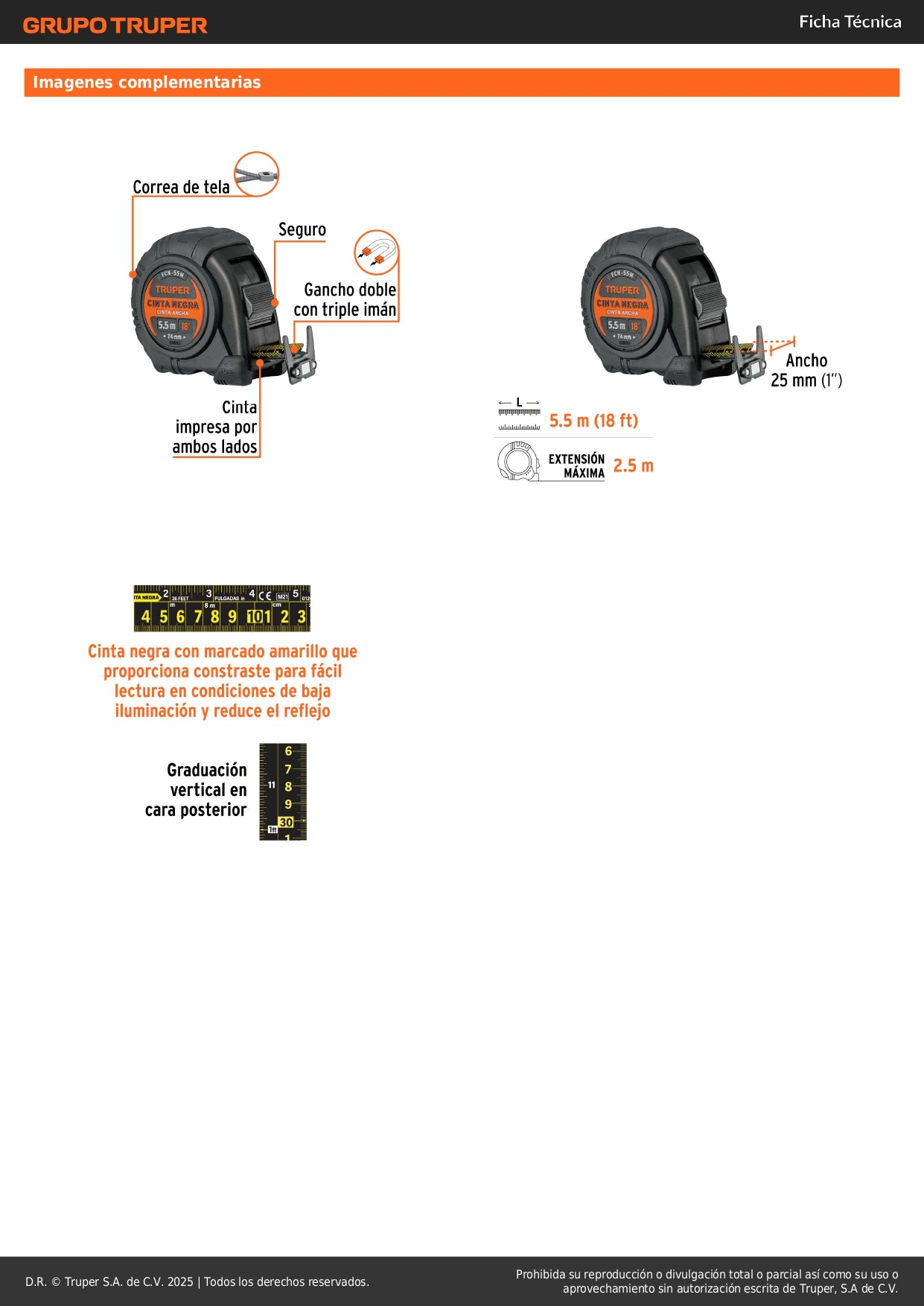 Flexómetro Truper FCN-55M 5.5m Resistente Impactos - Cinta Negra 25mm Doble Graduación Gancho Magnético - Medición Profesional Construcción