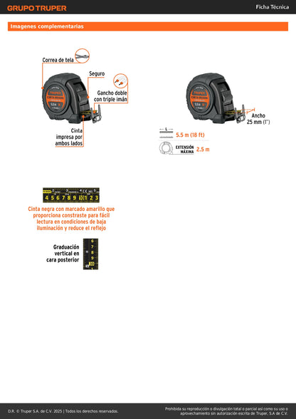 Flexómetro Truper FCN-55M 5.5m Resistente Impactos - Cinta Negra 25mm Doble Graduación Gancho Magnético - Medición Profesional Construcción