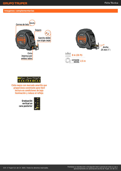 Flexómetro Profesional FCN-8M Truper 8m Anti-Impacto - Cinta Negra 25mm con Triple Imán para Medición Precisa