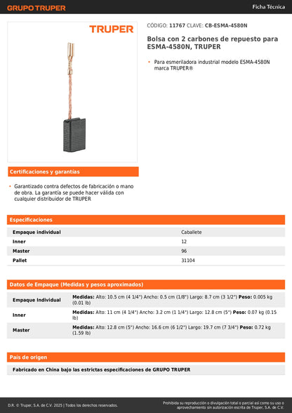 Bolsa con 2 carbones de repuesto para ESMA-4580N, TRUPER
