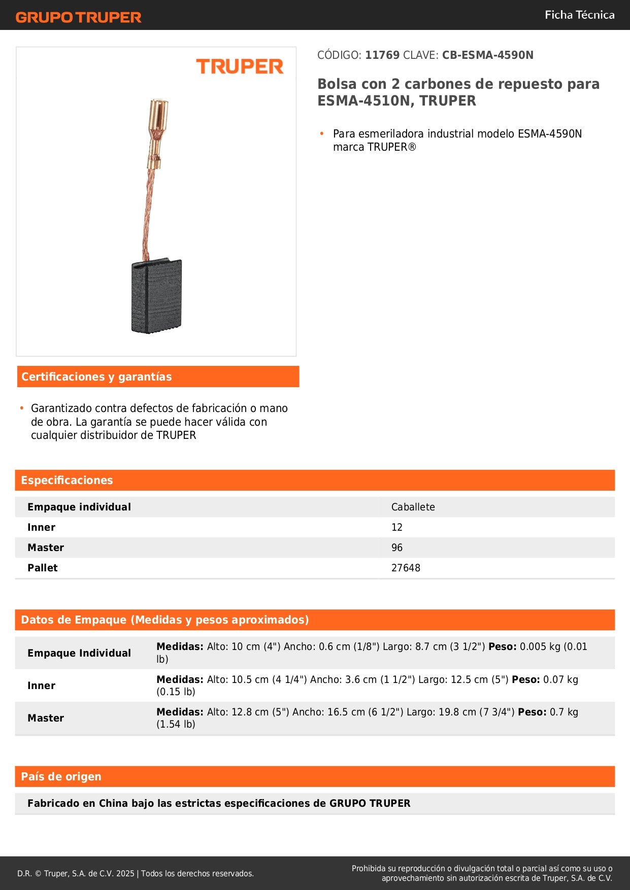 Bolsa con 2 carbones de repuesto para ESMA-4510N, TRUPER