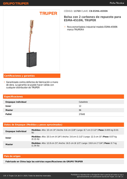 Bolsa con 2 carbones de repuesto para ESMA-4510N, TRUPER