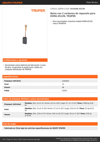 Bolsa con 2 carbones de repuesto para ESMA-4512N, TRUPER