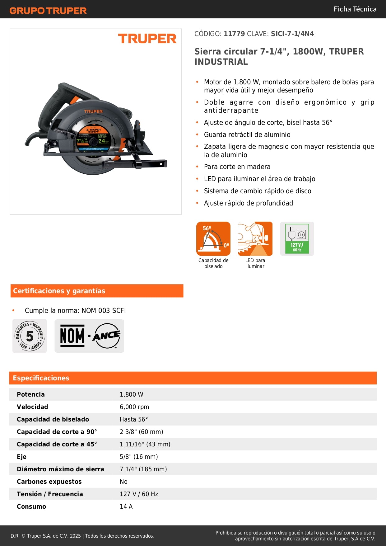 Sierra Circular Profesional TRUPER 7-1/4" 1800W SICI-7-1/4N4 - Motor Industrial con LED, Corte Bisel 56°, Zapata Magnesio - Solución Completa para Cortes Precisos en Madera