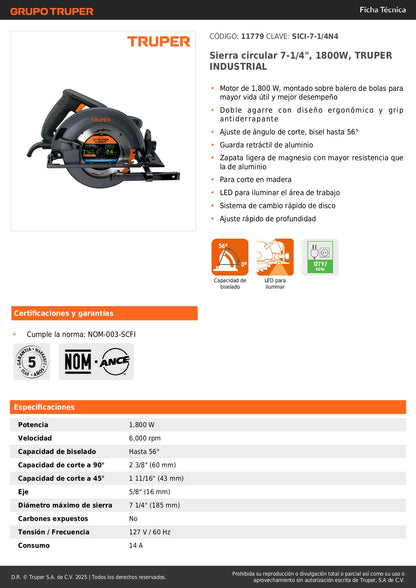 Sierra Circular Profesional TRUPER 7-1/4" 1800W SICI-7-1/4N4 - Motor Industrial con LED, Corte Bisel 56°, Zapata Magnesio - Solución Completa para Cortes Precisos en Madera