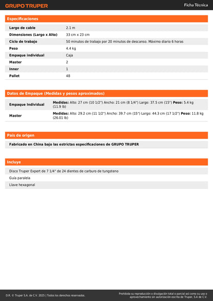 Sierra Circular Profesional TRUPER 7-1/4" 1800W SICI-7-1/4N4 - Motor Industrial con LED, Corte Bisel 56°, Zapata Magnesio - Solución Completa para Cortes Precisos en Madera