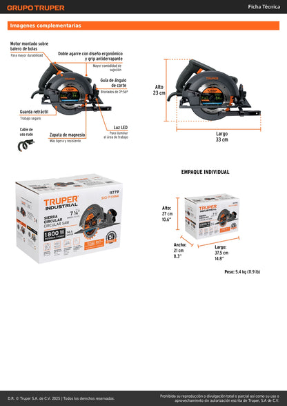 Sierra Circular Profesional TRUPER 7-1/4" 1800W SICI-7-1/4N4 - Motor Industrial con LED, Corte Bisel 56°, Zapata Magnesio - Solución Completa para Cortes Precisos en Madera