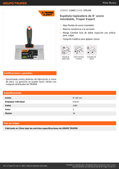 Espátula Tapizadora 8 Pulgadas ETA-8X Truper Expert - Acero Inoxidable Anticorrosión para Tapicería Profesional