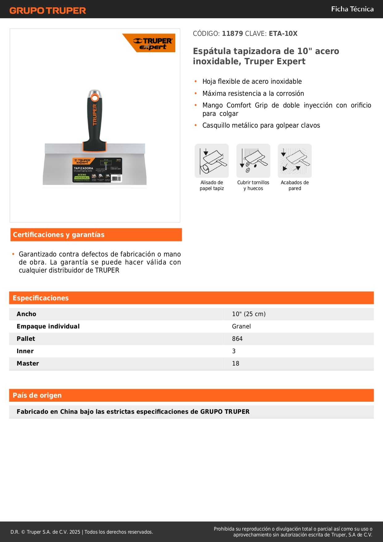 Espátula Tapizadora 10 Pulgadas Acero Inoxidable ETA-10X Truper Expert - Herramienta Profesional Anti-Corrosión para Tapicería y Acabados Perfectos