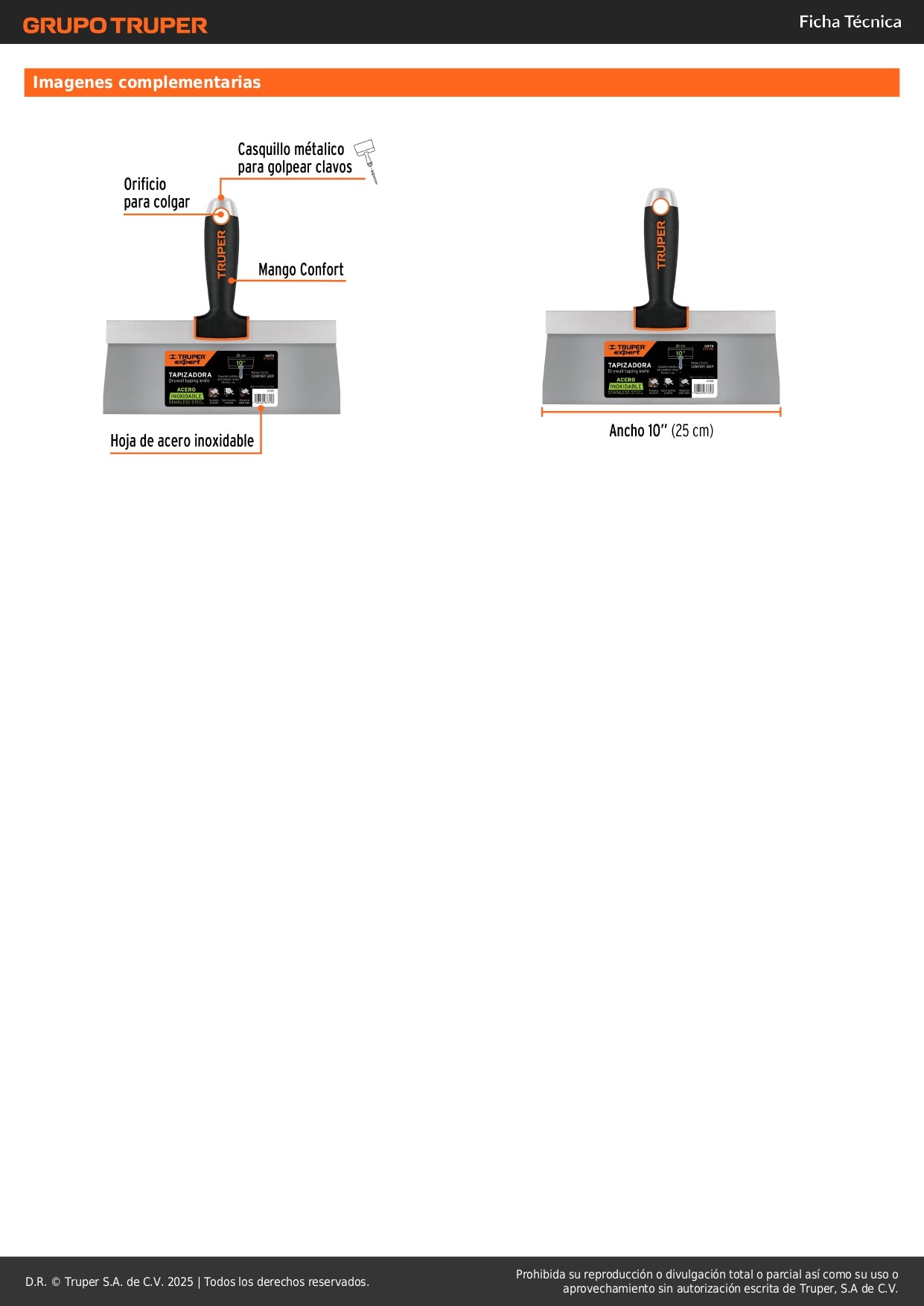 Espátula Tapizadora 10 Pulgadas Acero Inoxidable ETA-10X Truper Expert - Herramienta Profesional Anti-Corrosión para Tapicería y Acabados Perfectos