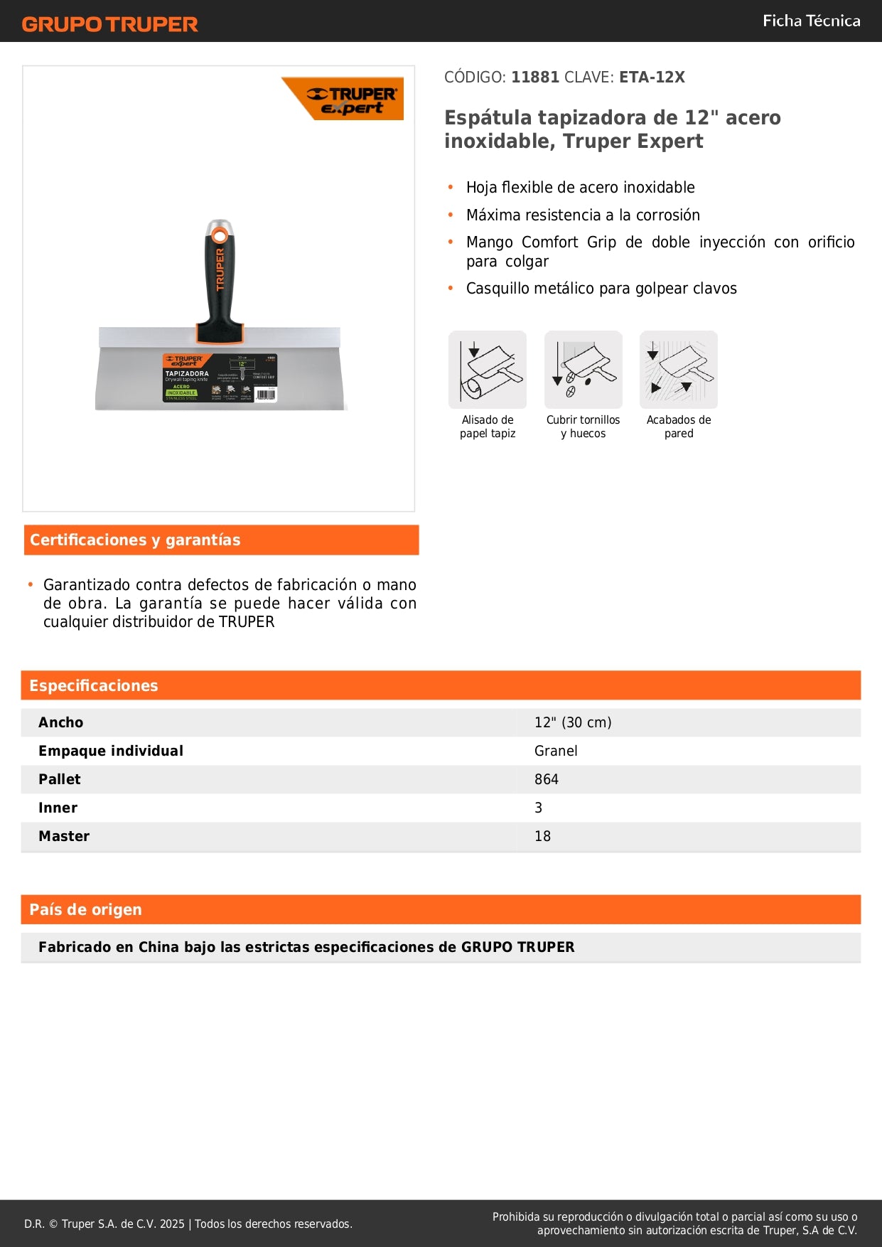 Espátula Tapizadora Profesional 12 Pulgadas Acero Inoxidable ETA-12X - Truper Expert Anticorrosión Mango Ergonómico para Tapicería y Acabados