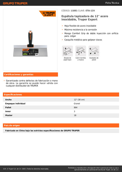 Espátula Tapizadora Profesional 12 Pulgadas Acero Inoxidable ETA-12X - Truper Expert Anticorrosión Mango Ergonómico para Tapicería y Acabados