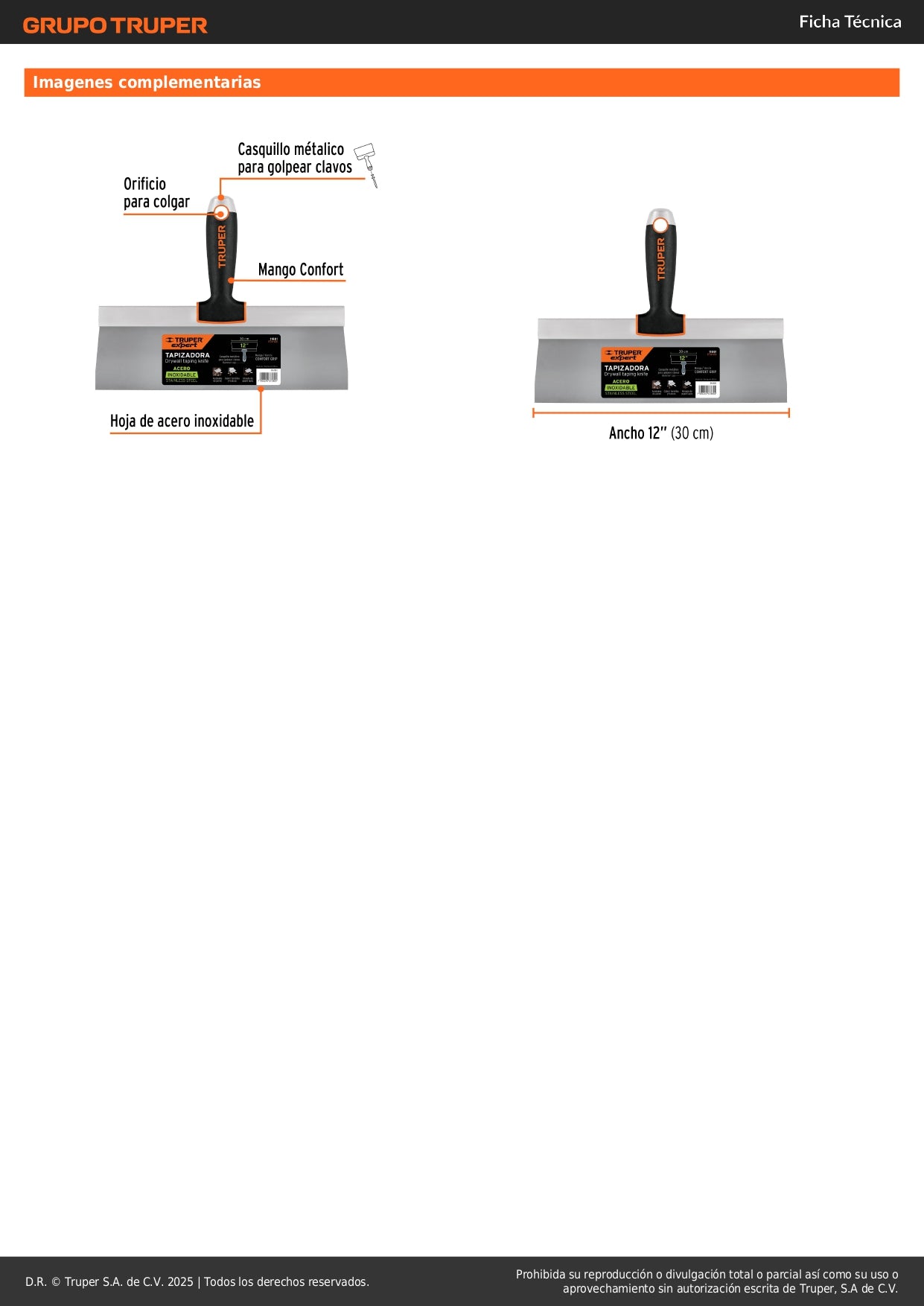 Espátula Tapizadora Profesional 12 Pulgadas Acero Inoxidable ETA-12X - Truper Expert Anticorrosión Mango Ergonómico para Tapicería y Acabados
