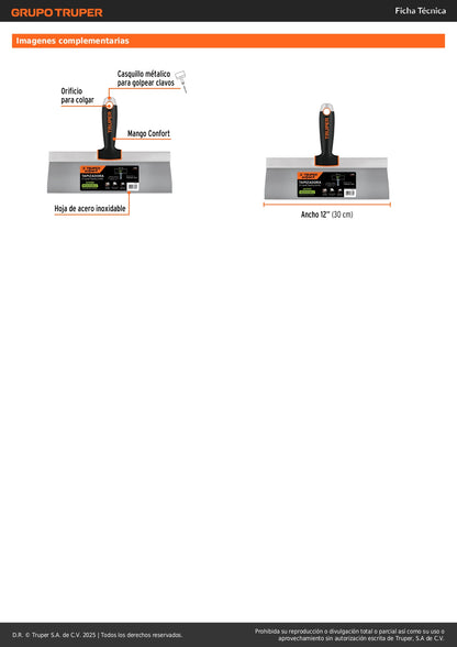 Espátula Tapizadora Profesional 12 Pulgadas Acero Inoxidable ETA-12X - Truper Expert Anticorrosión Mango Ergonómico para Tapicería y Acabados