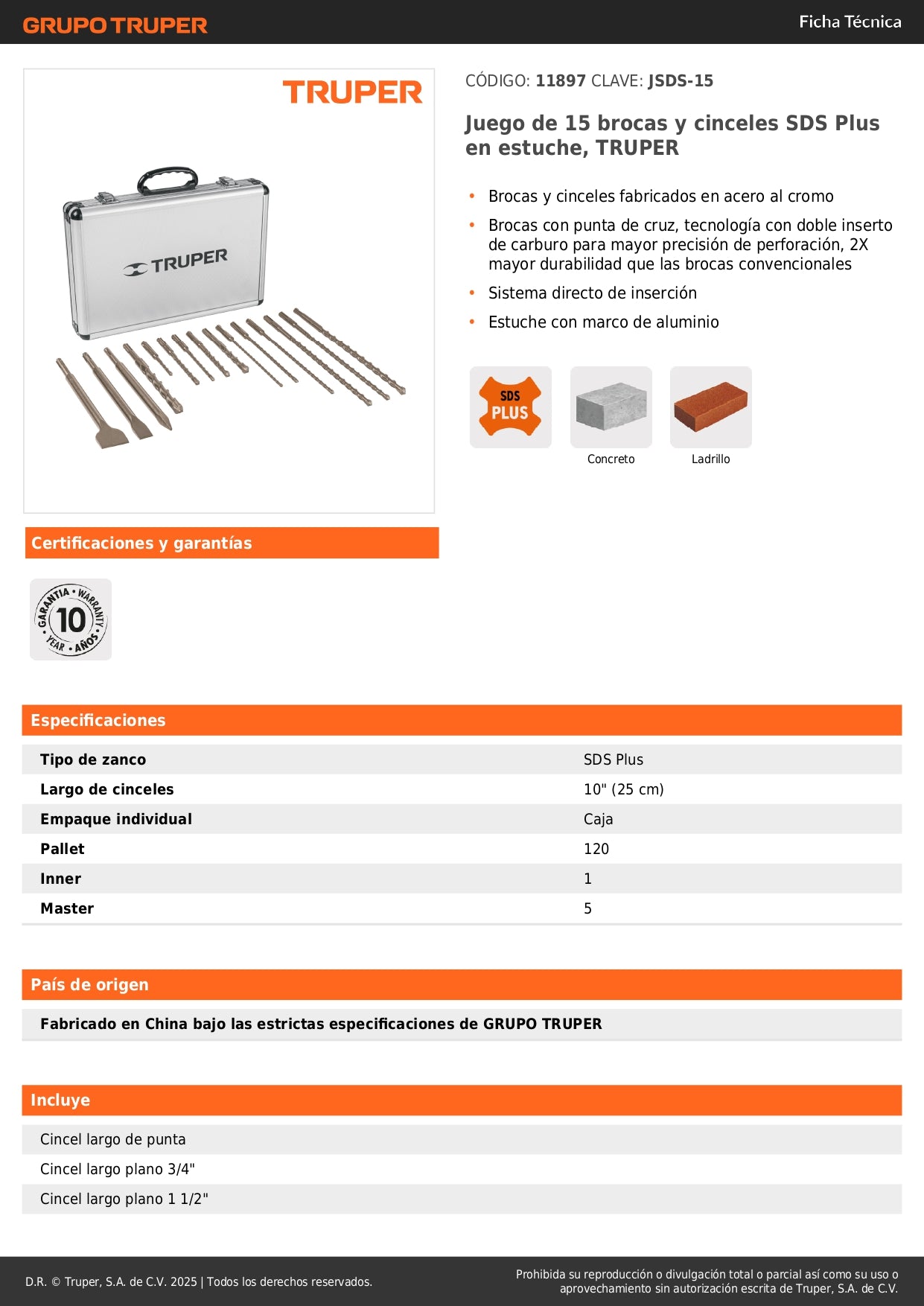 Juego de 15 brocas y cinceles SDS Plus en estuche, TRUPER