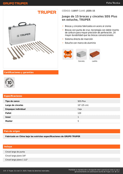 Juego de 15 brocas y cinceles SDS Plus en estuche, TRUPER