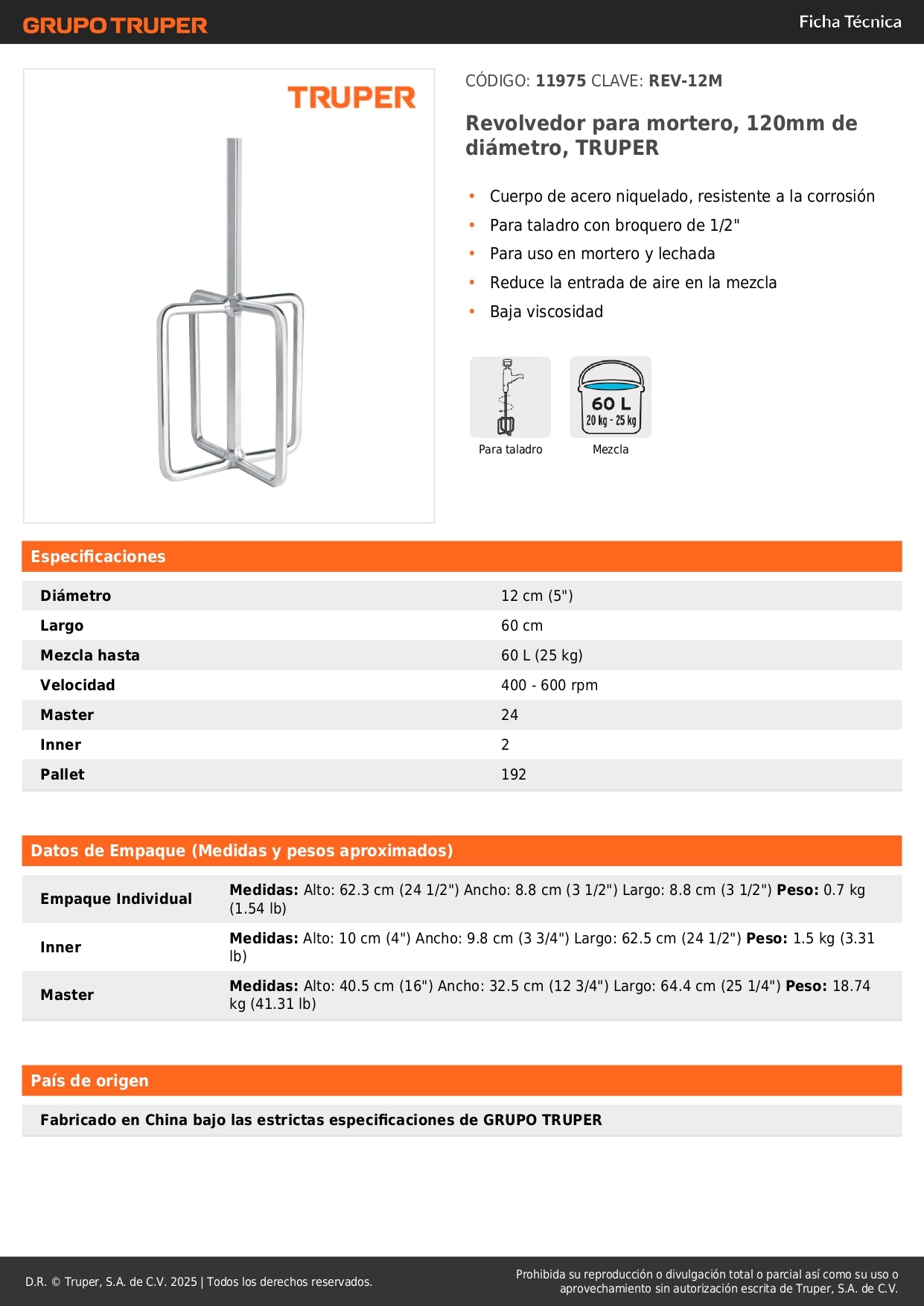 Revolvedor para mortero, 120mm de diámetro, TRUPER