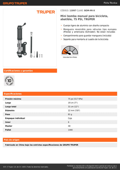 Mini Bomba Manual Bicicleta Aluminio 75 PSI TRUPER - Solución Portátil Inflado Rápido Válvulas Presta Schrader - Compacta Abatible con Soporte Cuadro