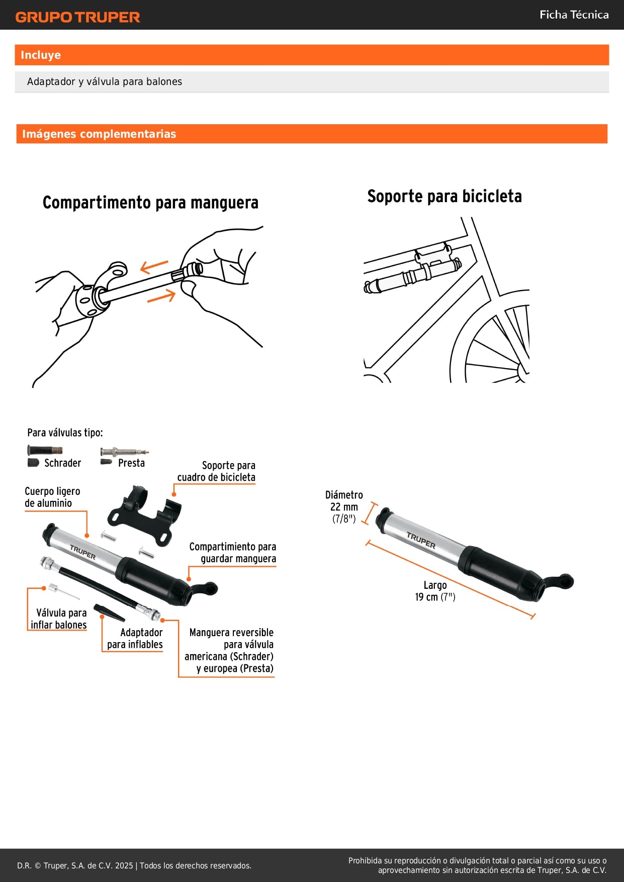 Mini Bomba Manual Bicicleta Aluminio 75 PSI TRUPER - Solución Portátil Inflado Rápido Válvulas Presta Schrader - Compacta Abatible con Soporte Cuadro
