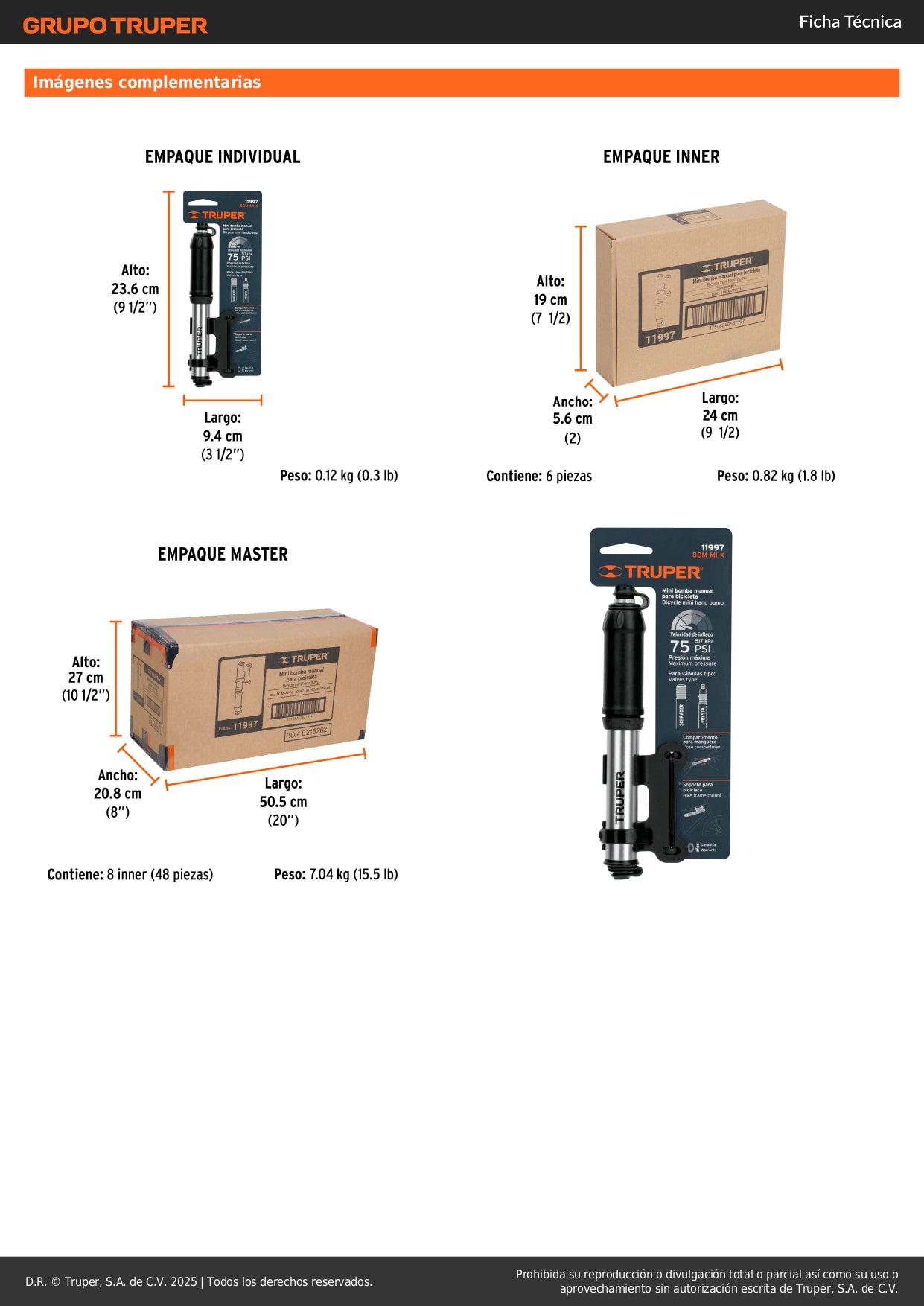 Mini Bomba Manual Bicicleta Aluminio 75 PSI TRUPER - Solución Portátil Inflado Rápido Válvulas Presta Schrader - Compacta Abatible con Soporte Cuadro