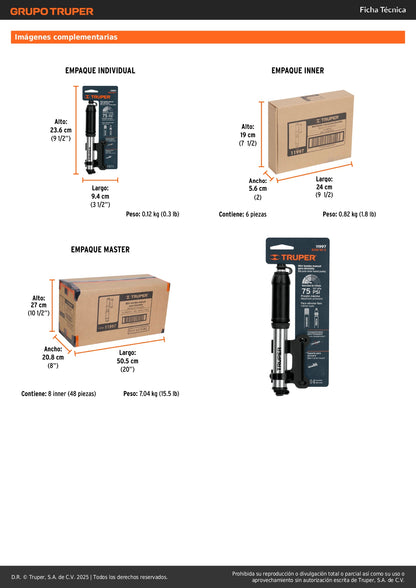 Mini Bomba Manual Bicicleta Aluminio 75 PSI TRUPER - Solución Portátil Inflado Rápido Válvulas Presta Schrader - Compacta Abatible con Soporte Cuadro