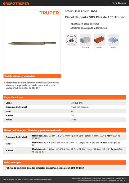 Cincel de punta SDS Plus de 10", Truper