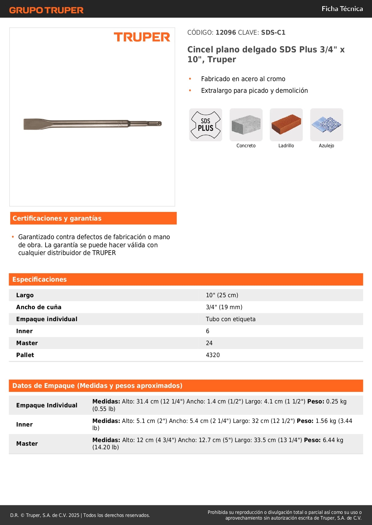 Cincel plano delgado SDS Plus 3/4" x 10", Truper