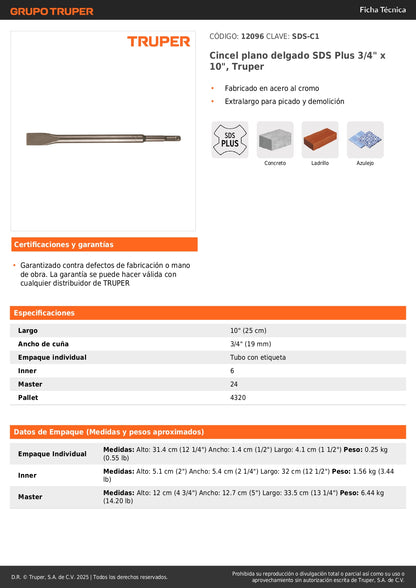 Cincel plano delgado SDS Plus 3/4" x 10", Truper