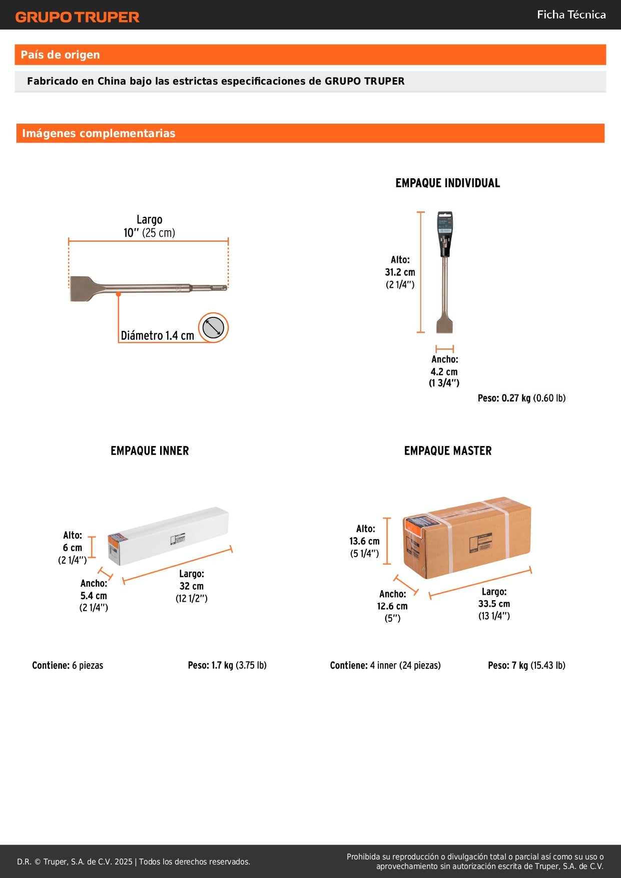 Cincel plano grueso SDS Plus 1-1/2" x 10", Truper