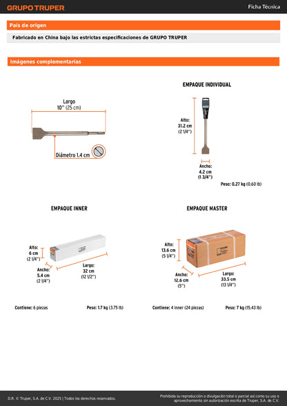 Cincel plano grueso SDS Plus 1-1/2" x 10", Truper