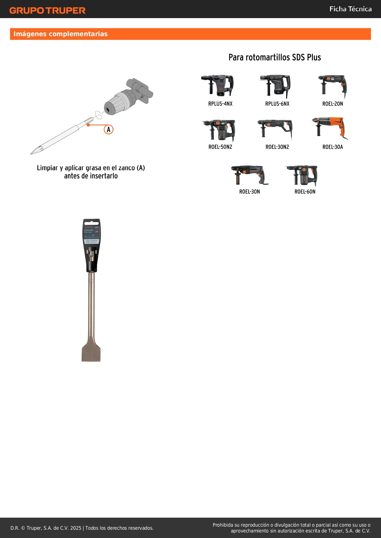 Cincel plano grueso SDS Plus 1-1/2" x 10", Truper