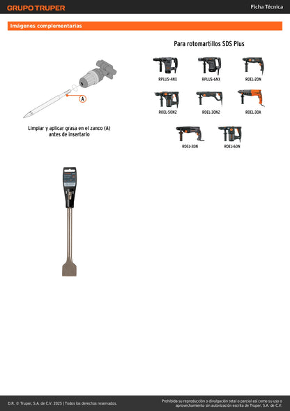 Cincel plano grueso SDS Plus 1-1/2" x 10", Truper
