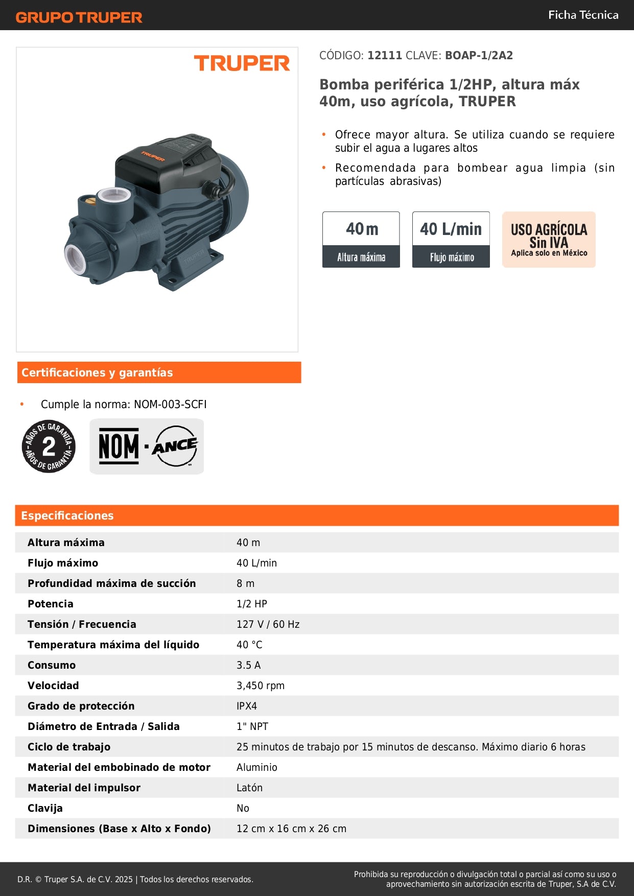 Bomba Periférica TRUPER 1/2HP 40m Altura - Bombeo Agua Limpia Agrícola BOAP-1/2A2