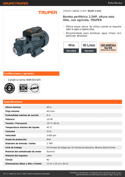 Bomba Periférica TRUPER 1/2HP 40m Altura - Bombeo Agua Limpia Agrícola BOAP-1/2A2