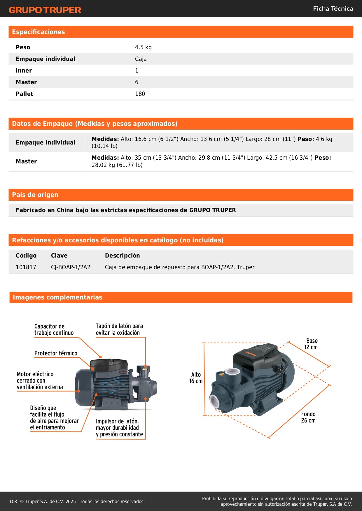 Bomba Periférica TRUPER 1/2HP 40m Altura - Bombeo Agua Limpia Agrícola BOAP-1/2A2