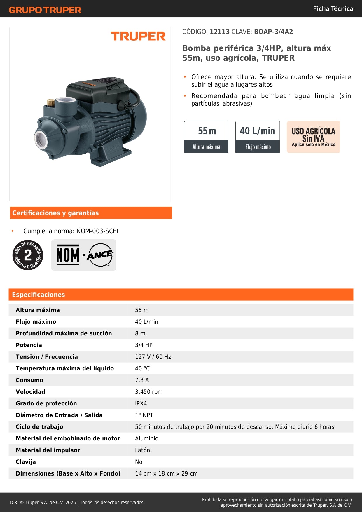 Bomba Periférica TRUPER 3/4HP BOAP-3/4A2 - Altura Máxima 55m para Uso Agrícola y Elevación de Agua Limpia
