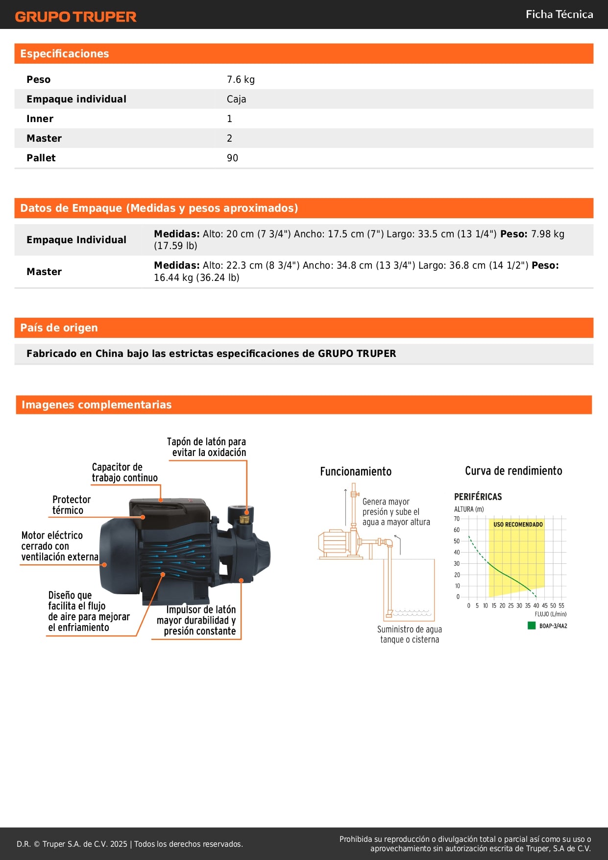 Bomba Periférica TRUPER 3/4HP BOAP-3/4A2 - Altura Máxima 55m para Uso Agrícola y Elevación de Agua Limpia
