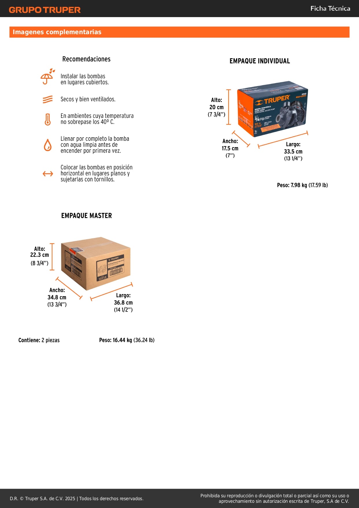 Bomba Periférica TRUPER 3/4HP BOAP-3/4A2 - Altura Máxima 55m para Uso Agrícola y Elevación de Agua Limpia