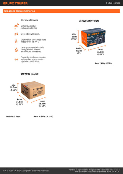 Bomba Periférica TRUPER 3/4HP BOAP-3/4A2 - Altura Máxima 55m para Uso Agrícola y Elevación de Agua Limpia