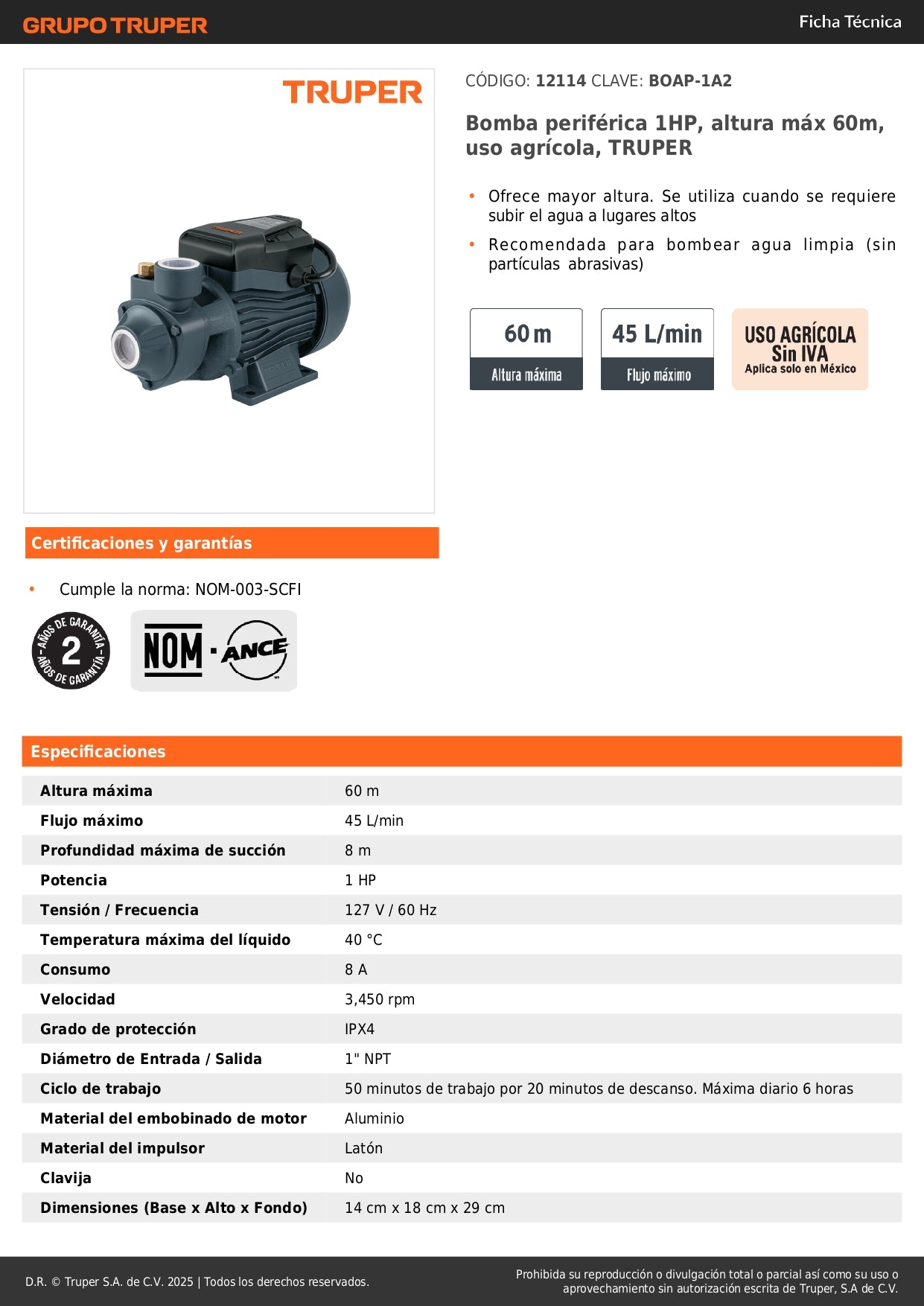 Bomba Periférica TRUPER 1HP 60m Altura Máxima - Solución Profesional para Elevación de Agua Limpia Agrícola BOAP-1A2