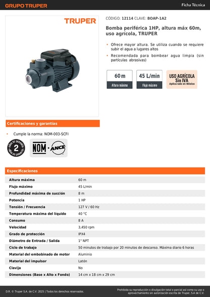 Bomba Periférica TRUPER 1HP 60m Altura Máxima - Solución Profesional para Elevación de Agua Limpia Agrícola BOAP-1A2