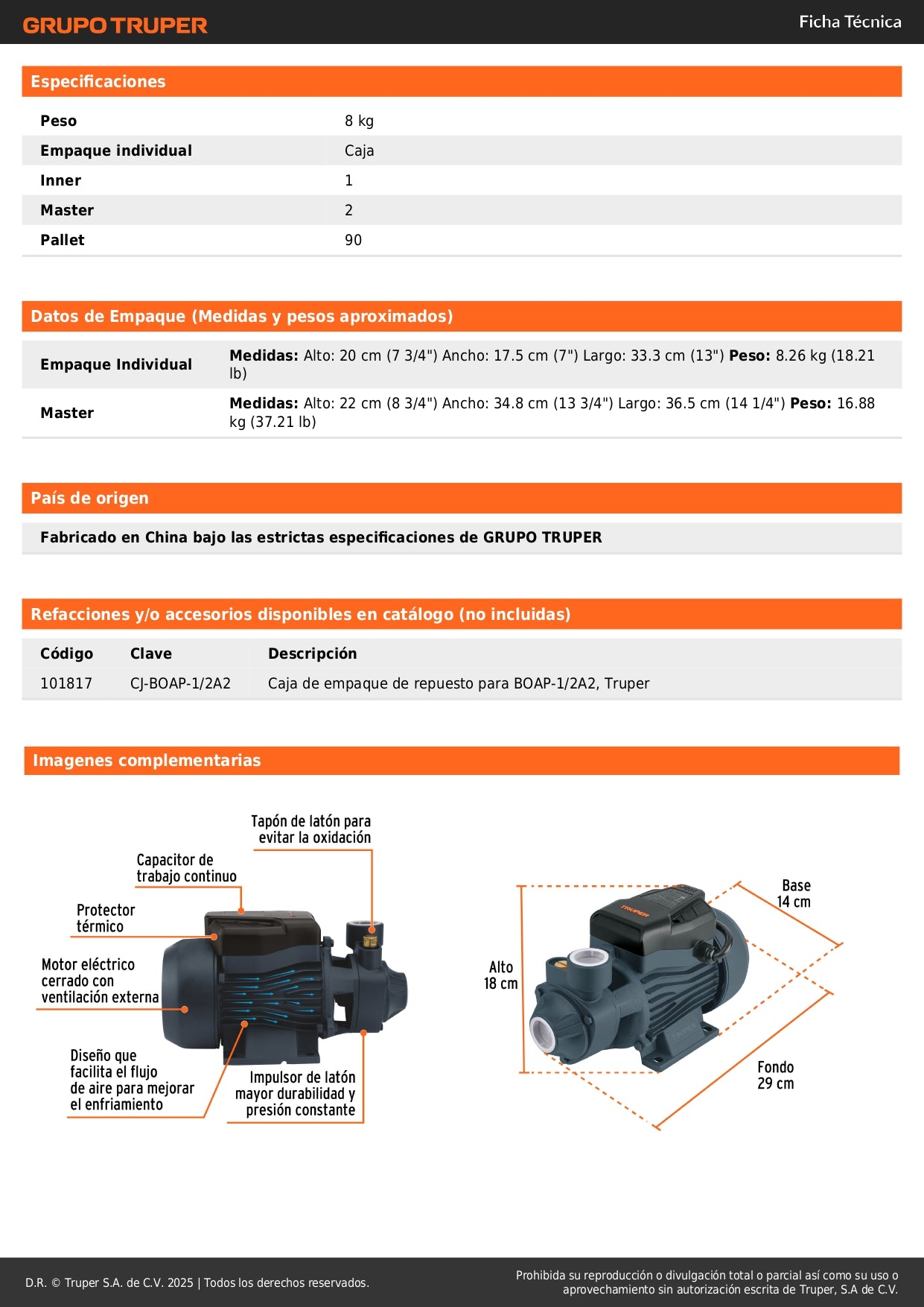 Bomba Periférica TRUPER 1HP 60m Altura Máxima - Solución Profesional para Elevación de Agua Limpia Agrícola BOAP-1A2