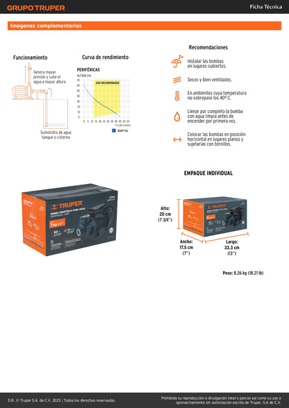 Bomba Periférica TRUPER 1HP 60m Altura Máxima - Solución Profesional para Elevación de Agua Limpia Agrícola BOAP-1A2